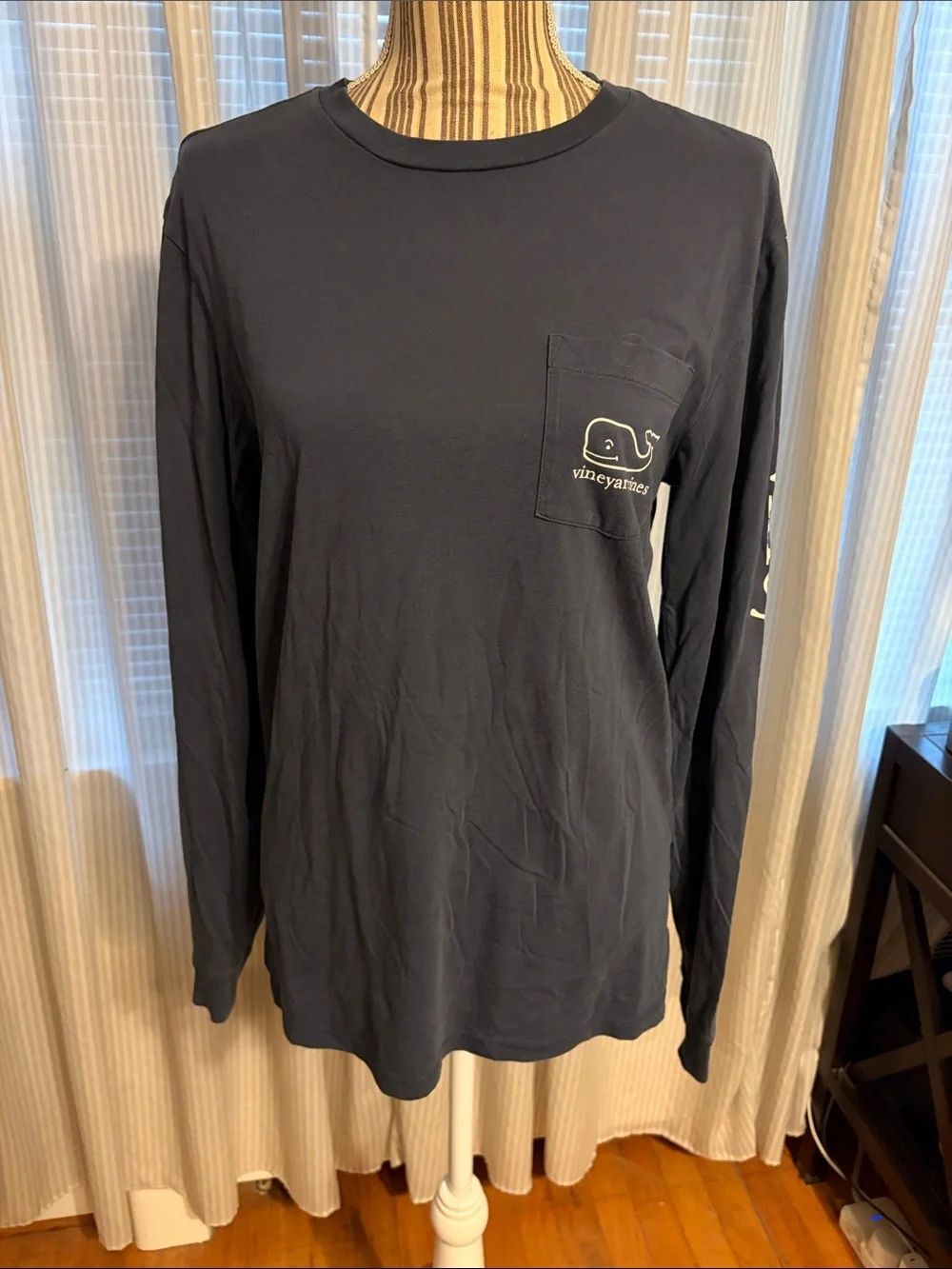 Vineyard Vines Navy Long Sleeve Pocket Tee with Whale Logo